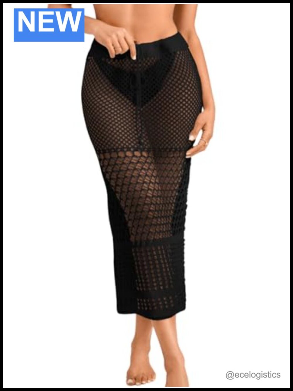 Sheer Mesh Crochet Knit Swimsuit Cover Up High Waisted Midi Skirt